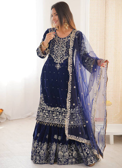Blue Viscose Velvet Embroidery Work Festival Wear Readymade Sharara Suit SW708194