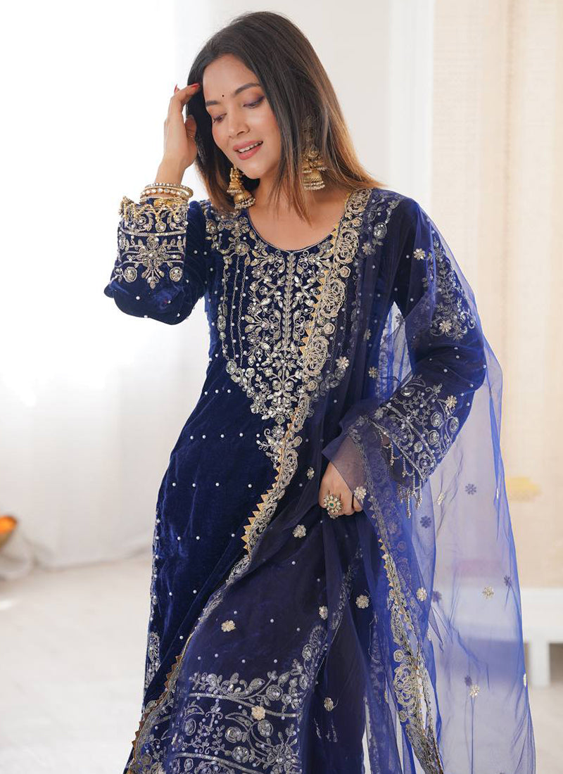 Blue Viscose Velvet Embroidery Work Festival Wear Readymade Sharara Suit SW708194