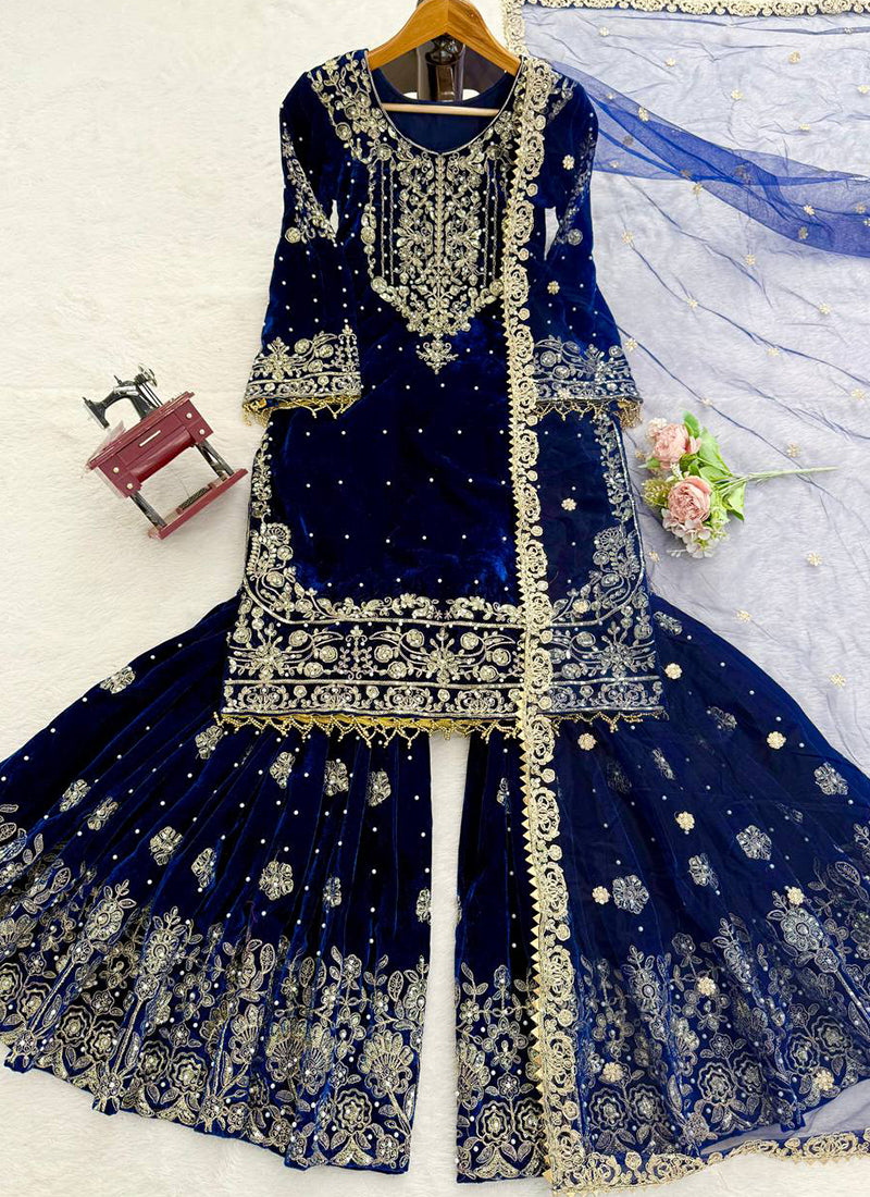 Blue Viscose Velvet Embroidery Work Festival Wear Readymade Sharara Suit SW708194