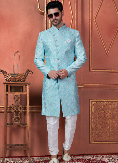 Silk Blue Wedding Wear Computer Thread Readymade Sherwani Set 348361
