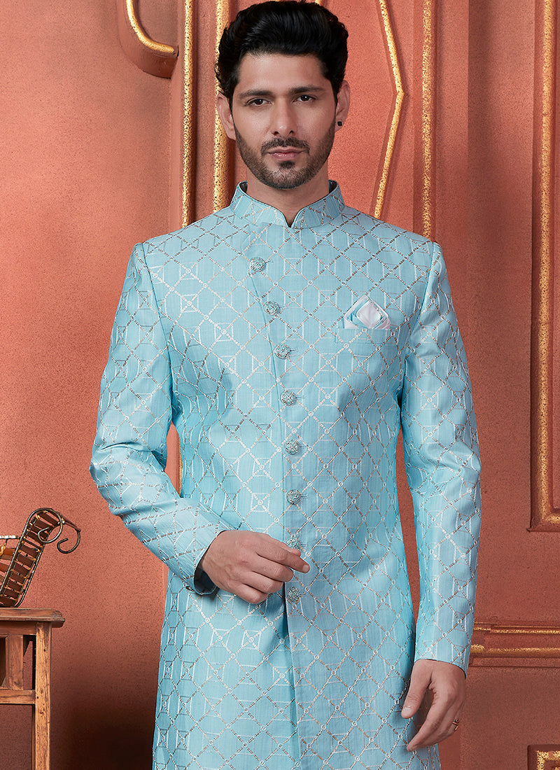 Silk Blue Wedding Wear Computer Thread Readymade Sherwani Set 348361