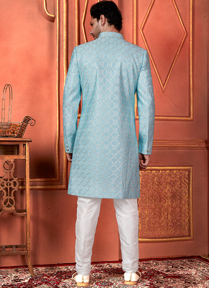 Silk Blue Wedding Wear Computer Thread Readymade Sherwani Set 348361
