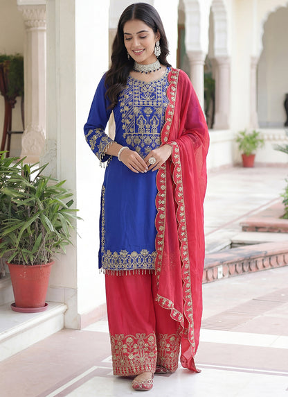 Blue Chinon Silk  Embroidery Work Party Wear Readymade Plazzo Suit SW955390