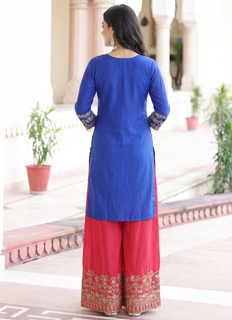 Blue Chinon Silk  Embroidery Work Party Wear Readymade Plazzo Suit SW955390