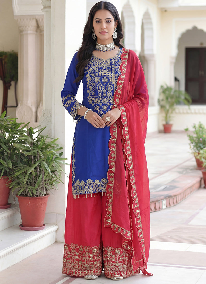 Blue Chinon Silk  Embroidery Work Party Wear Readymade Plazzo Suit SW955390