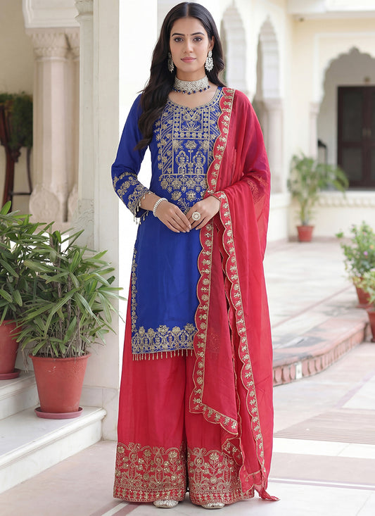 Blue Chinon Silk  Embroidery Work Party Wear Readymade Plazzo Suit SW955390