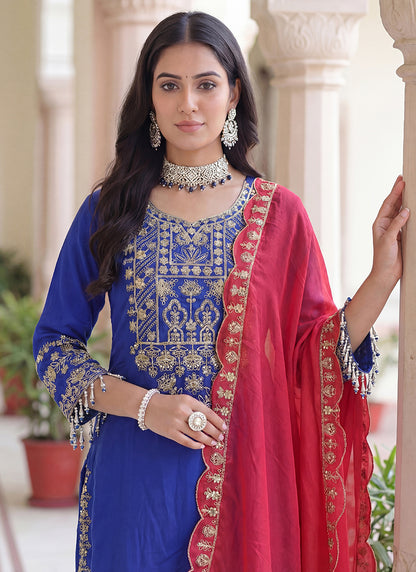 Blue Chinon Silk  Embroidery Work Party Wear Readymade Plazzo Suit SW955390