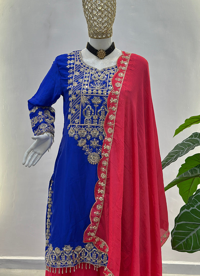 Blue Chinon Silk  Embroidery Work Party Wear Readymade Plazzo Suit SW955390