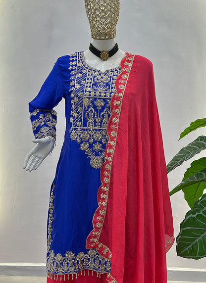 Blue Chinon Silk  Embroidery Work Party Wear Readymade Plazzo Suit SW955390