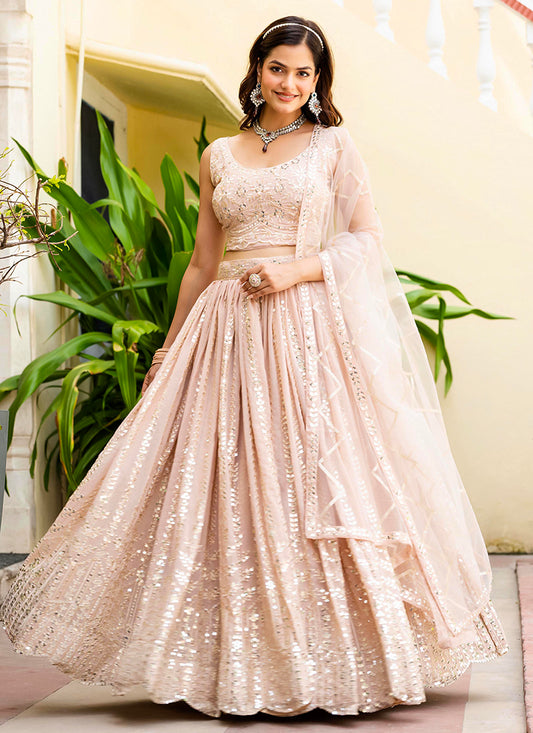 Georgette Blush Pink Occasional Wear Embroidery Work Lehenga Choli 385680
