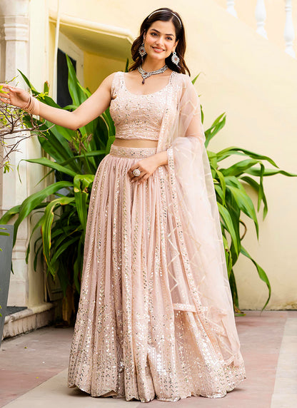 Georgette Blush Pink Occasional Wear Embroidery Work Lehenga Choli 385680