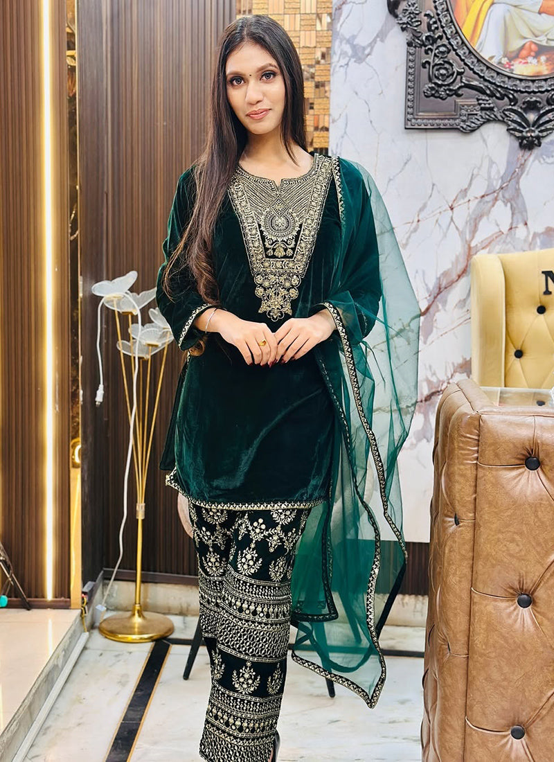 Velvet Green Occasional Wear Embroidery Work Readymade Salwar Suit 387194