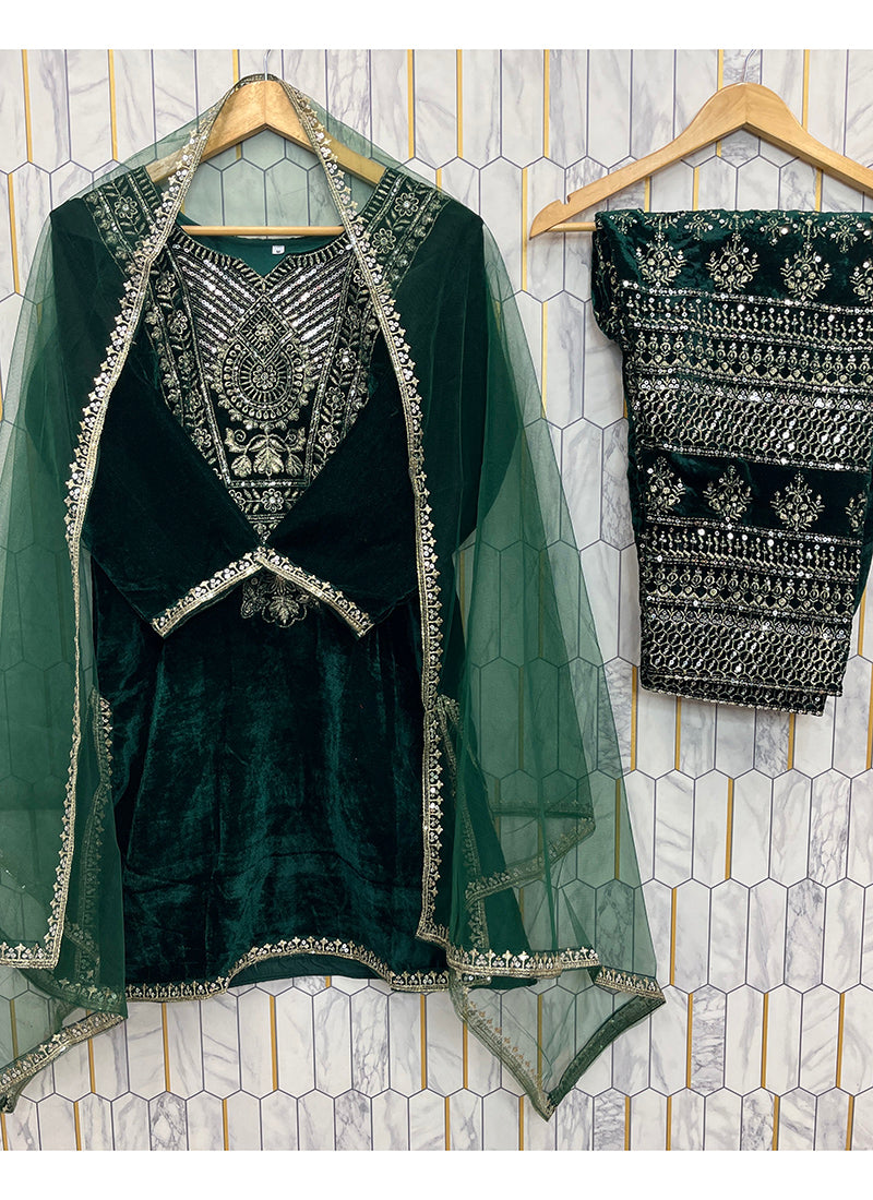 Velvet Green Occasional Wear Embroidery Work Readymade Salwar Suit 387194