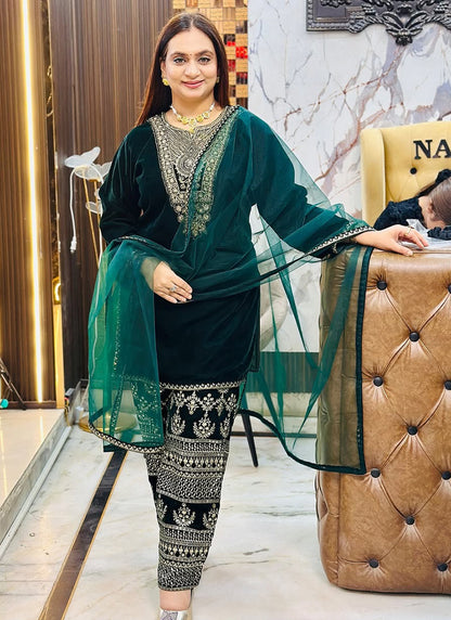 Velvet Green Occasional Wear Embroidery Work Readymade Salwar Suit 387194