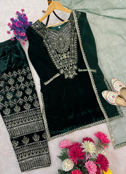 Velvet Green Occasional Wear Embroidery Work Readymade Salwar Suit 387194