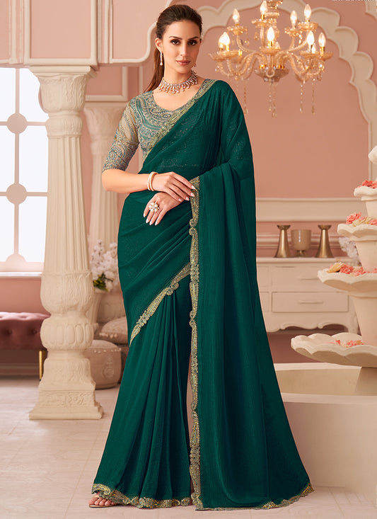 Georgette Bottle Green Designer Saree with Zari Embroidery Work 383844