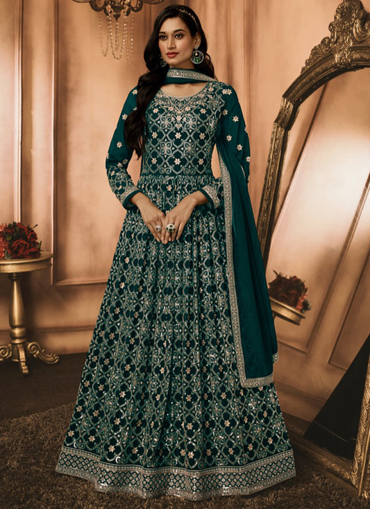 Bottle Green Georgette Embroidery Work Party Wear Readymade Anarkali Suit SW511684