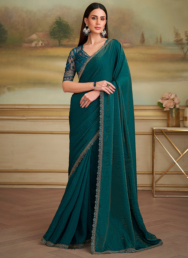 Georgette Bottle Green Party Wear Embroidery Work Saree 386387