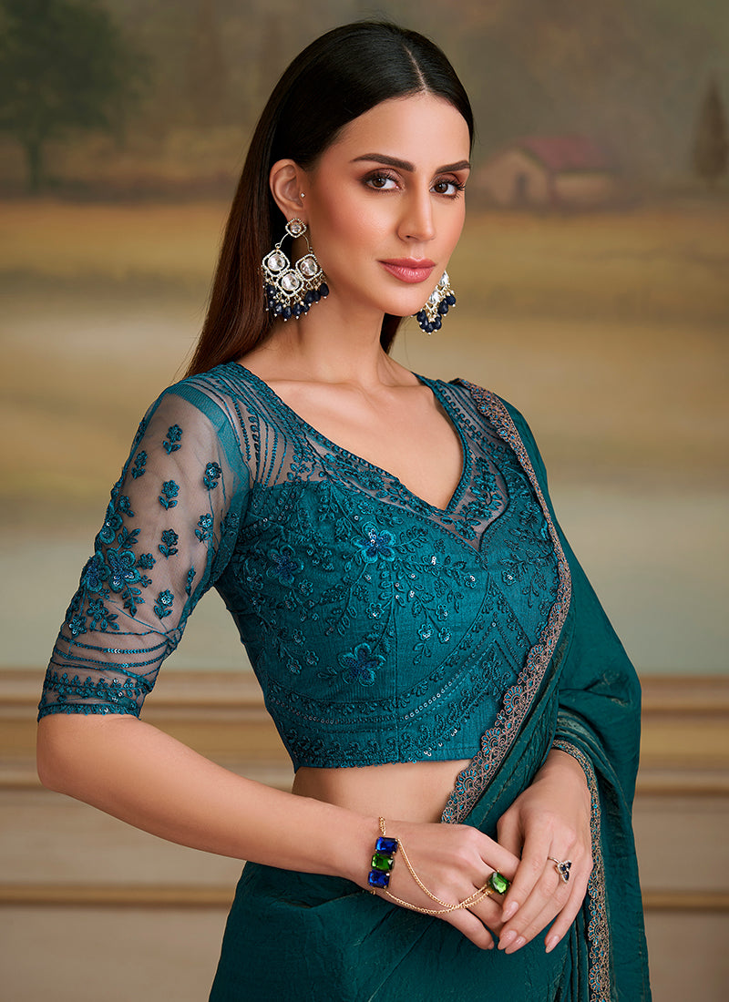 Georgette Bottle Green Party Wear Embroidery Work Saree 386387