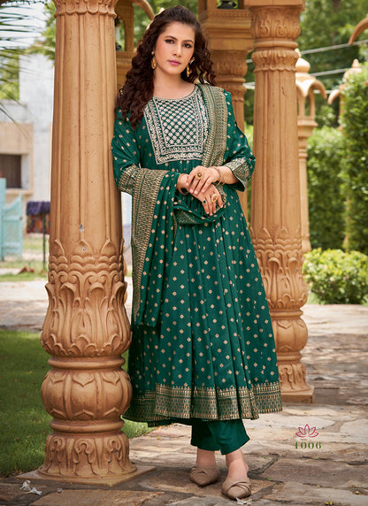 Rayon Bottle Green Casual Wear Sequin Work Readymade Anarkali Suit 380561