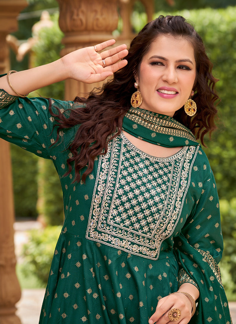 Rayon Bottle Green Casual Wear Sequin Work Readymade Anarkali Suit 380561