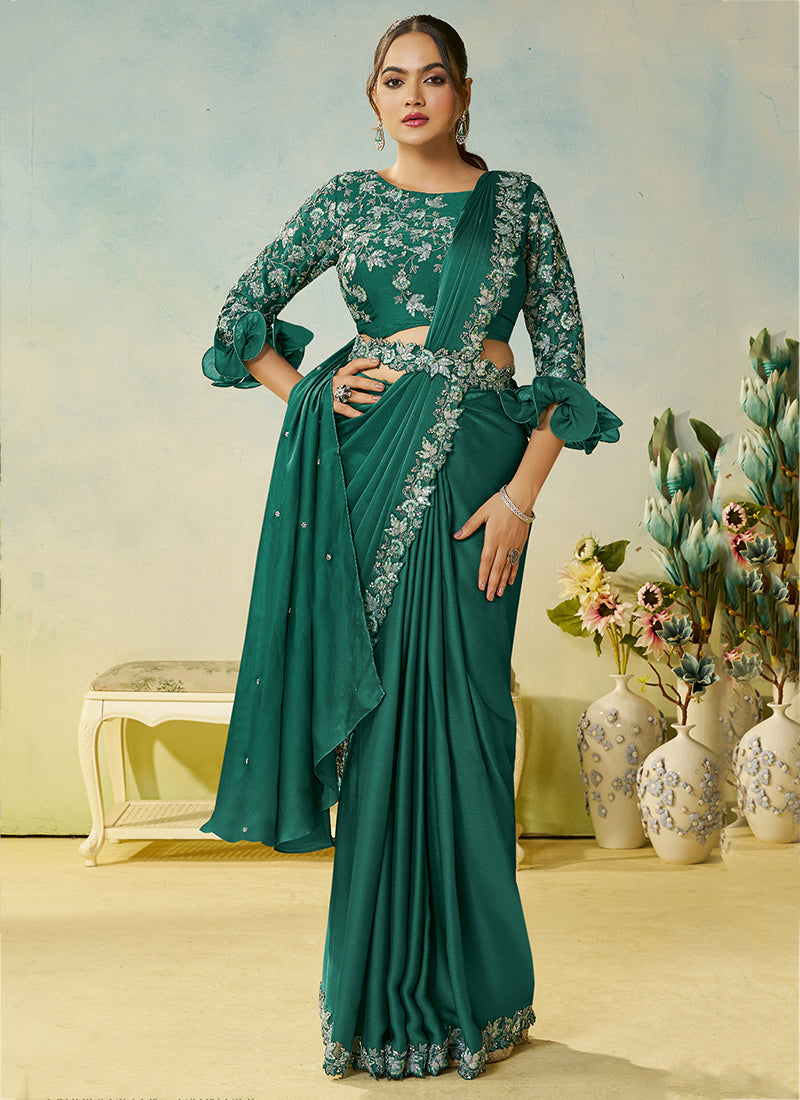 Bottle Green Siffone Satin Silk Sequin Work Party Wear Ready To Wear Saree SW804549