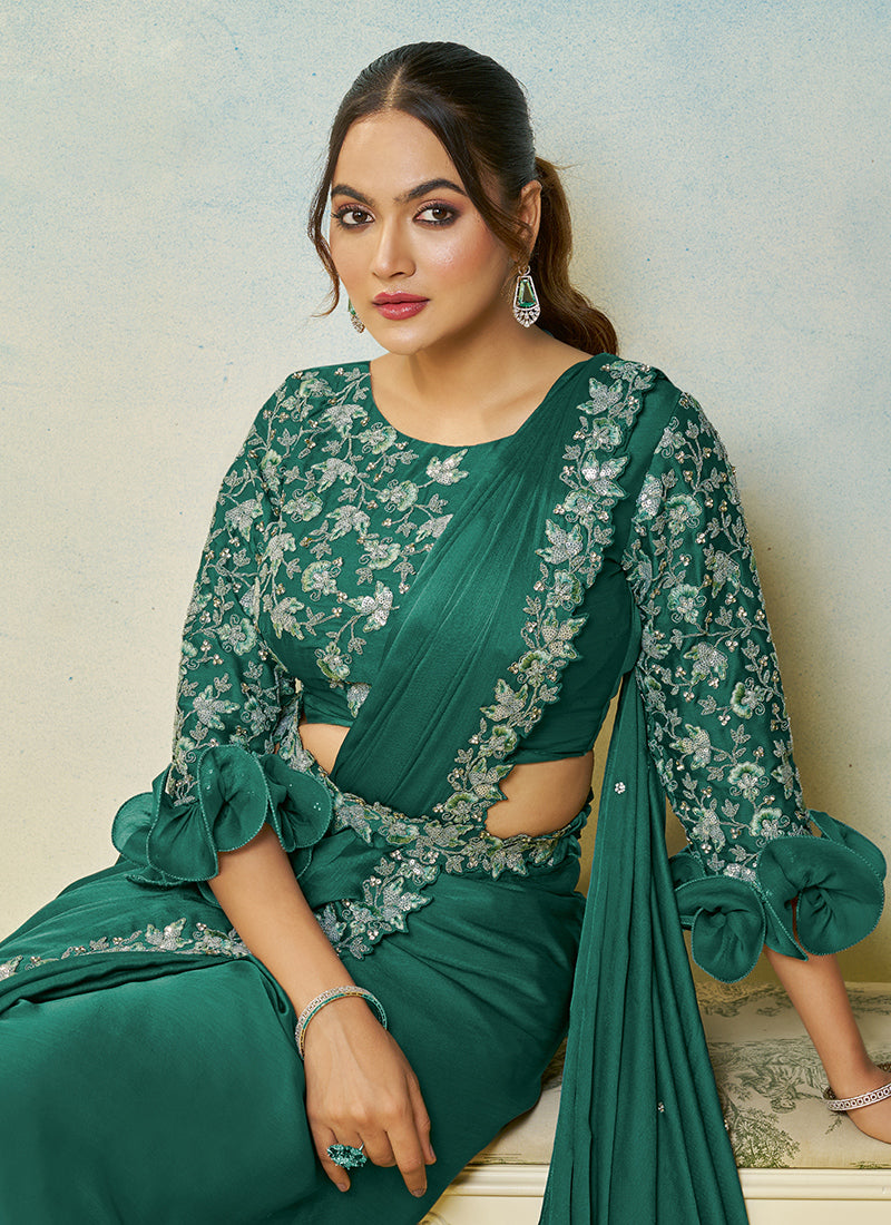 Bottle Green Siffone Satin Silk Sequin Work Party Wear Ready To Wear Saree SW804549