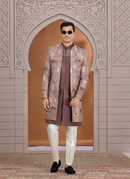 Art Silk Brown Wedding Wear Embroidery Work Readymade Indo Western Sherwani 386008