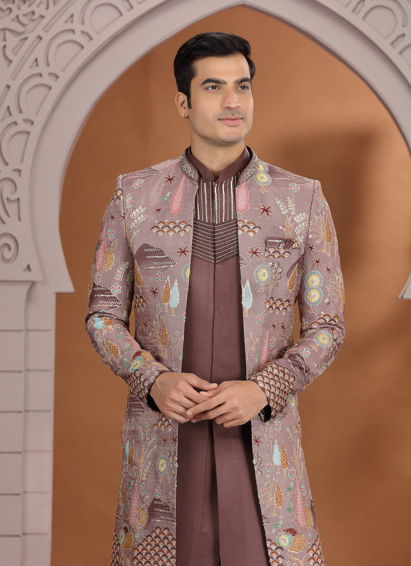 Art Silk Brown Wedding Wear Embroidery Work Readymade Indo Western Sherwani 386008