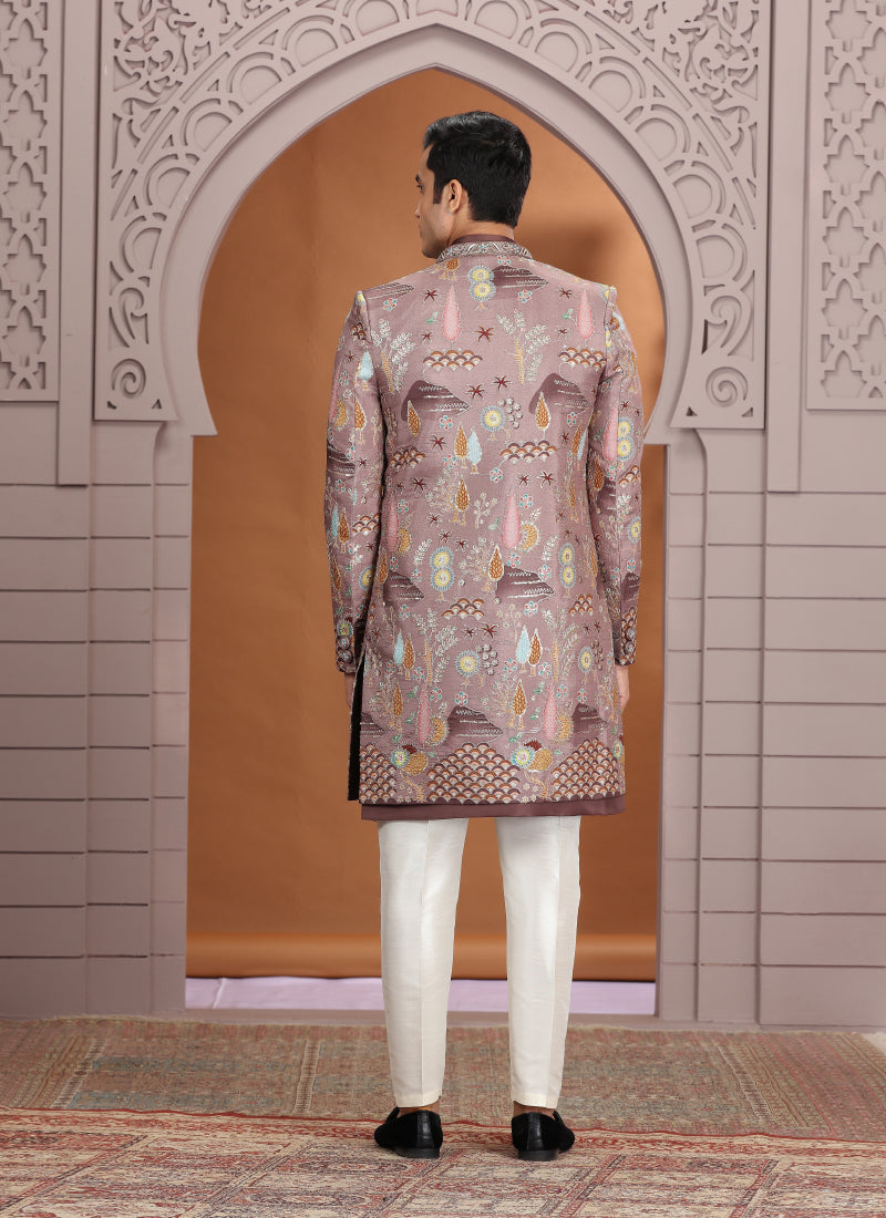 Art Silk Brown Wedding Wear Embroidery Work Readymade Indo Western Sherwani 386008