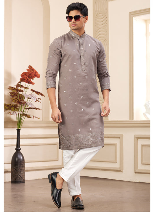 Brown Art Silk Readymade Kurta Pajama for Festive Occasions