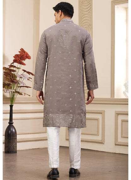 Brown Art Silk Readymade Kurta Pajama for Festive Occasions