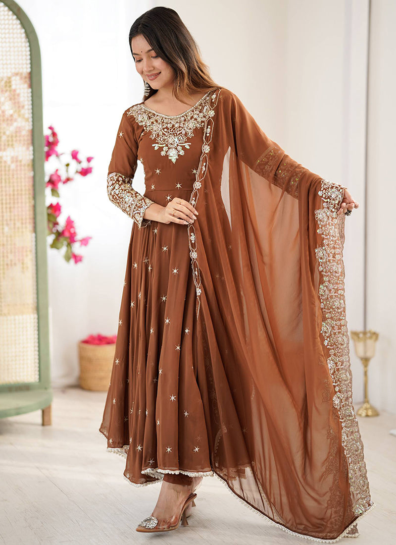Brown Blooming Faux Sequins Work Casual Wear Readymade Anarkali Suit SW195744