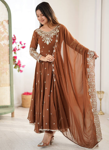 Brown Blooming Faux Sequins Work Casual Wear Readymade Anarkali Suit SW195744