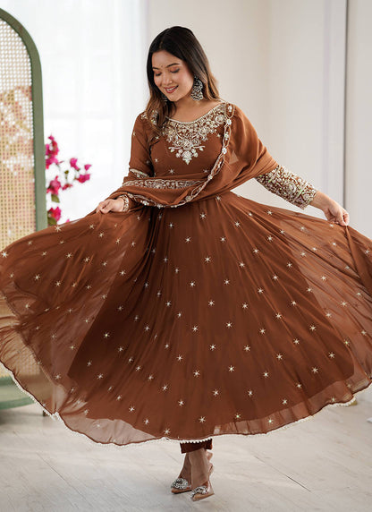 Brown Blooming Faux Sequins Work Casual Wear Readymade Anarkali Suit SW195744