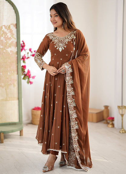 Brown Blooming Faux Sequins Work Casual Wear Readymade Anarkali Suit SW195744