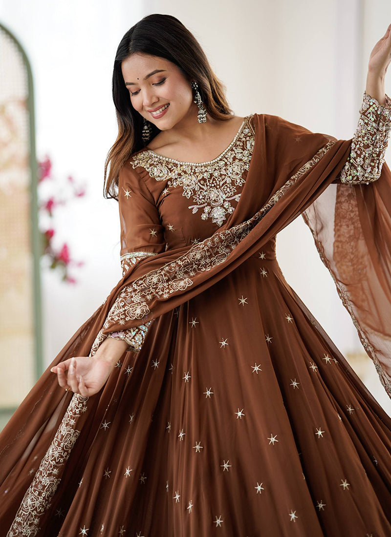 Brown Blooming Faux Sequins Work Casual Wear Readymade Anarkali Suit SW195744