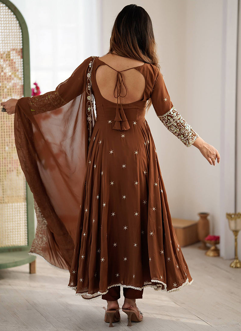 Brown Blooming Faux Sequins Work Casual Wear Readymade Anarkali Suit SW195744