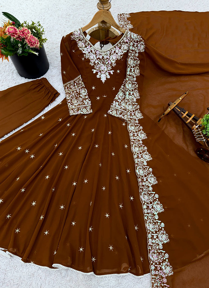 Brown Blooming Faux Sequins Work Casual Wear Readymade Anarkali Suit SW195744