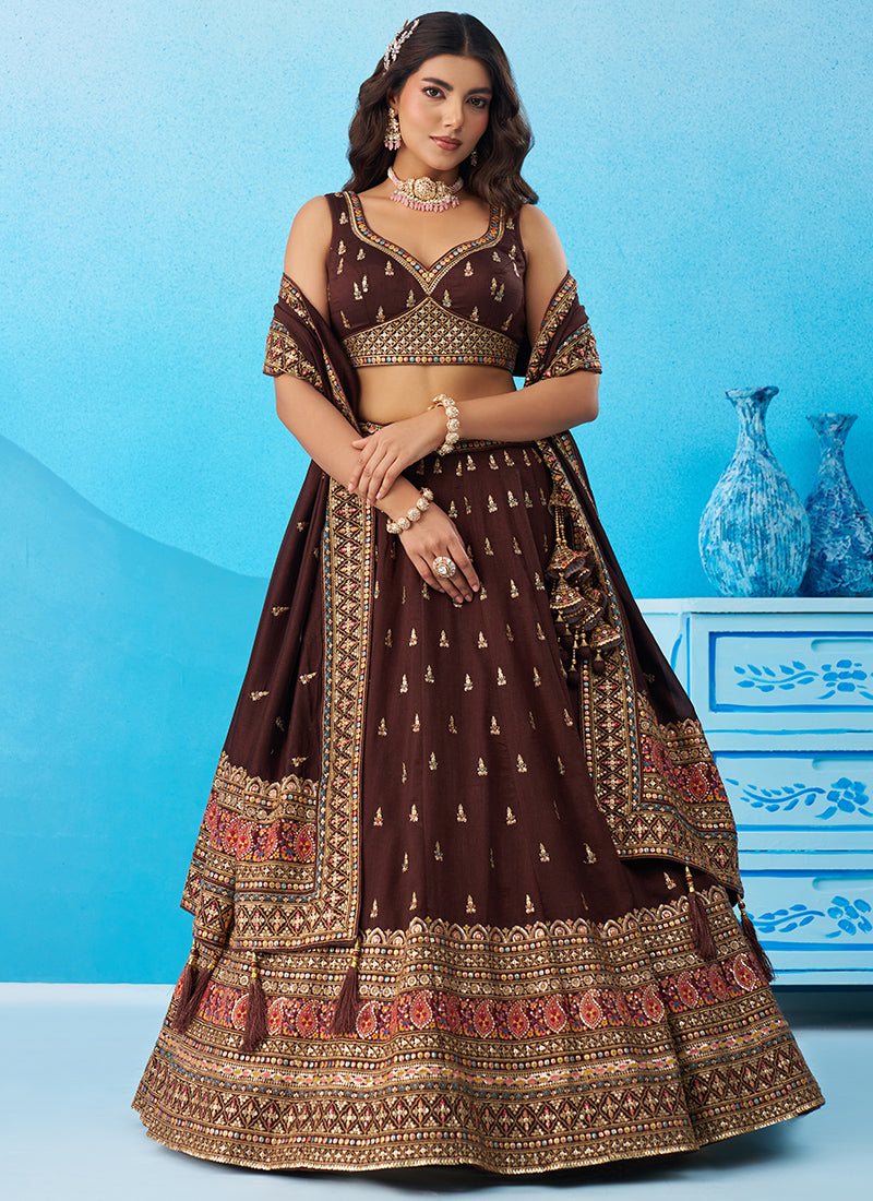 Brown Chinon Sequins Work Occasional Wear Lehenga Choli SW170065