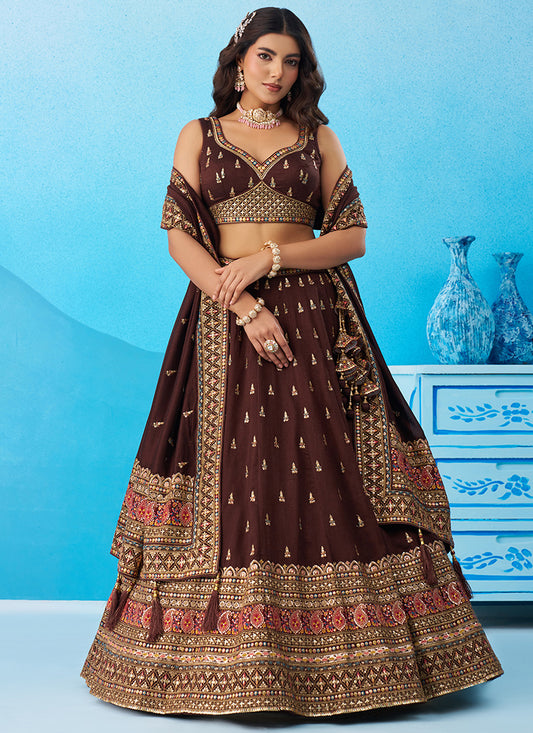 Brown Chinon Sequins Work Occasional Wear Lehenga Choli SW170065