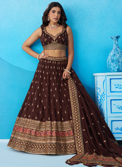 Brown Chinon Sequins Work Occasional Wear Lehenga Choli SW170065
