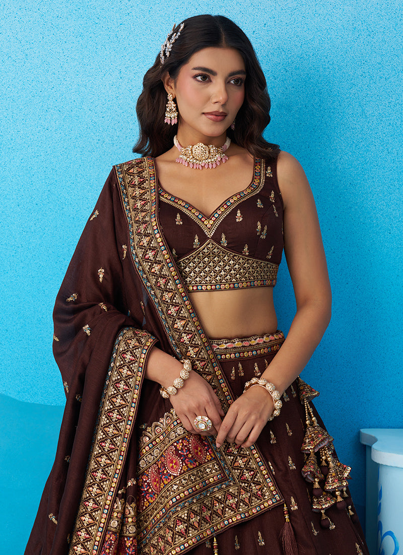 Brown Chinon Sequins Work Occasional Wear Lehenga Choli SW170065