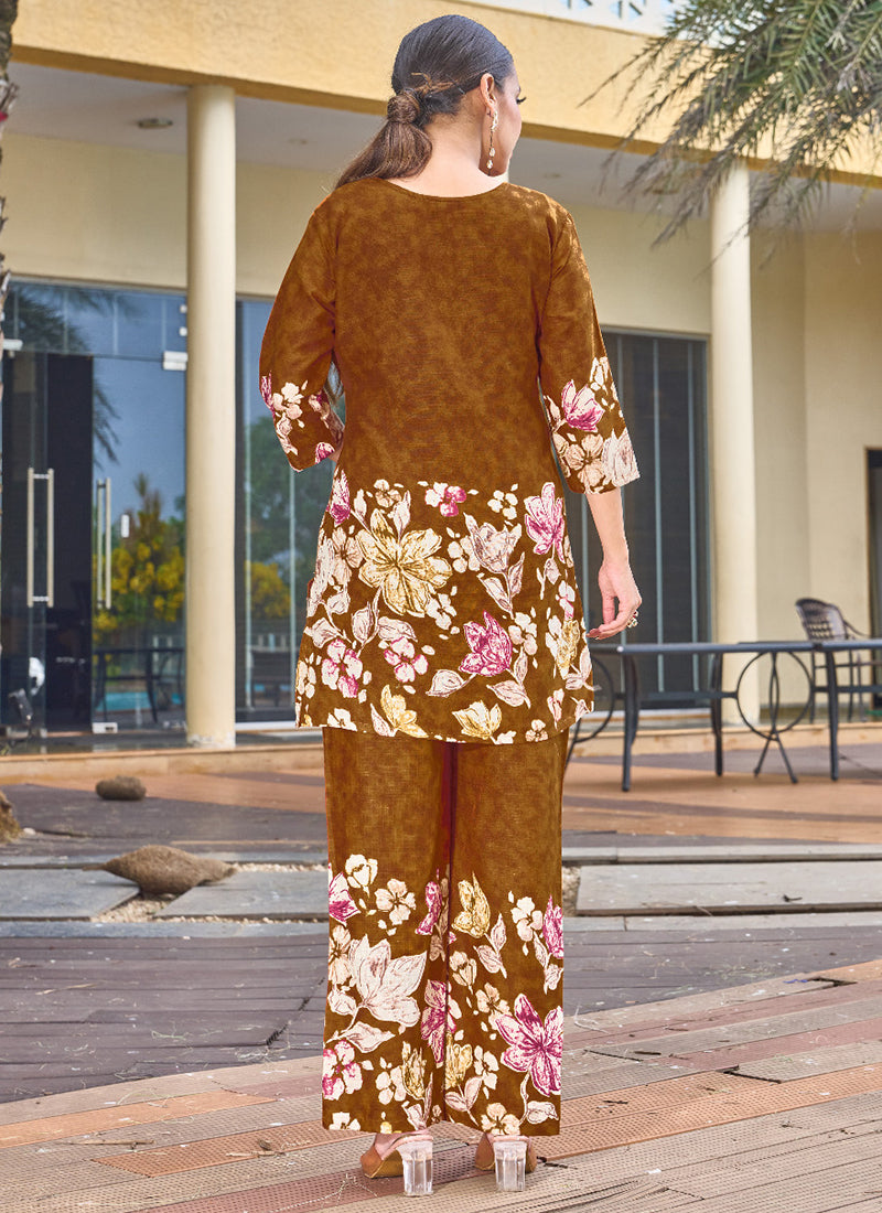 Cotton Brown Casual Wear Hand Work Readymade Cord Set 384914