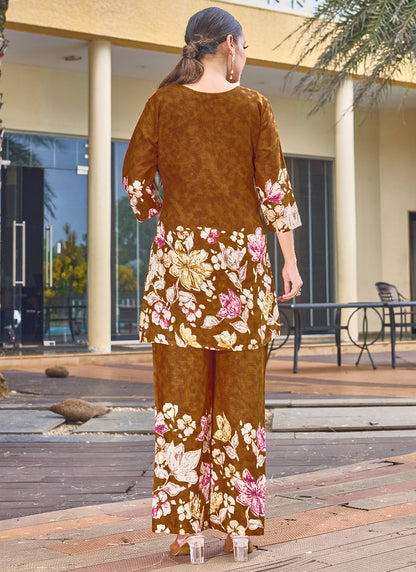 Cotton Brown Casual Wear Hand Work Readymade Cord Set 384914