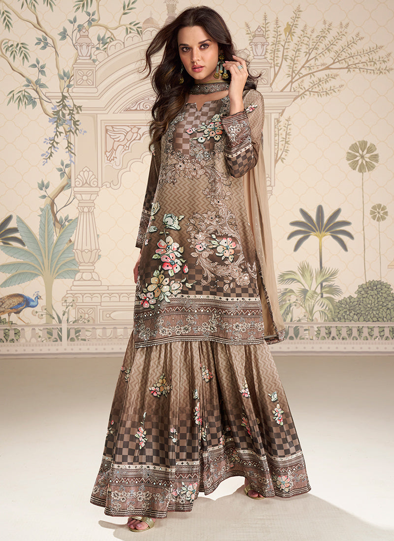 Crepe Silk Brown Party Wear Mirror Work Readymade Gharara Suit 386540