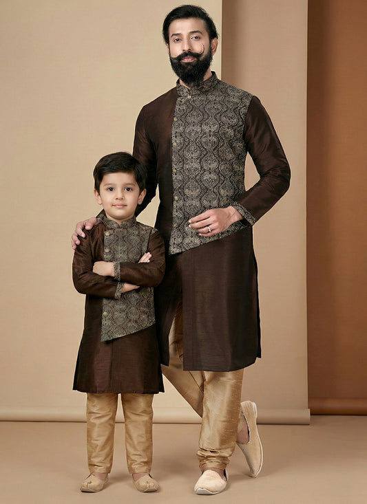 Brown Dupion Silk Embroidery Work Festival Wear Readymade Kurta Pajama For Man SW432693