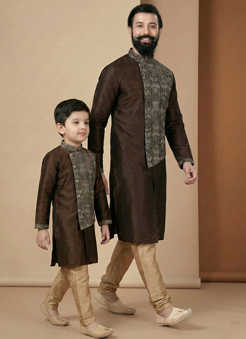 Brown Dupion Silk Embroidery Work Festival Wear Readymade Kurta Pajama For Man SW432693