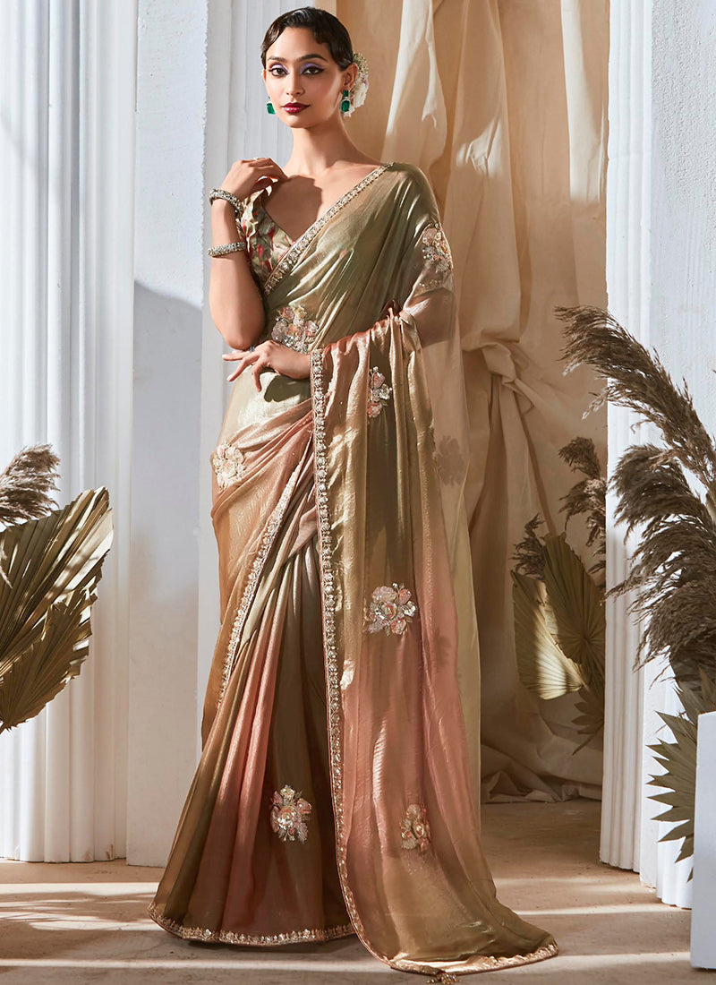 Fancy Brown Bridal Wear Saree with Lace Work 381691