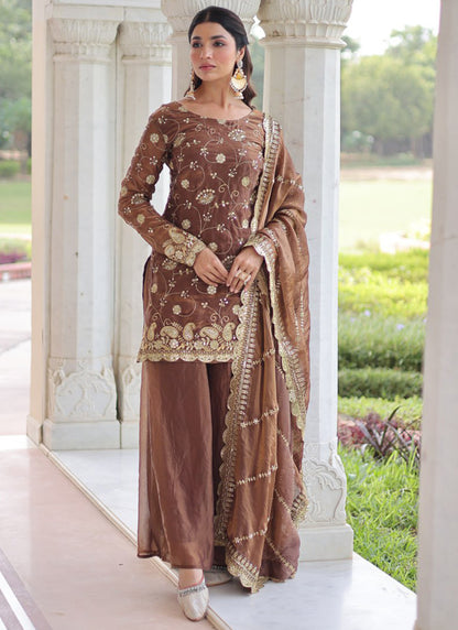 Fendi Fabric Brown Festival Wear Sequins Embroidery Work Readymade Plazzo Suit 387291